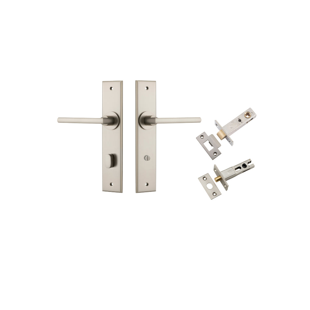 Door Lever Baltimore Chamfered Privacy Satin Nickel CTC85mm L118xP56mm BPH240xW50mm Privacy Kit Tube Latch Split Cam 'T' Striker Satin Nickel Backset 60mm, Privacy Bolt Round Bolt Satin Nickel Backset 60mm in Satin Nickel
