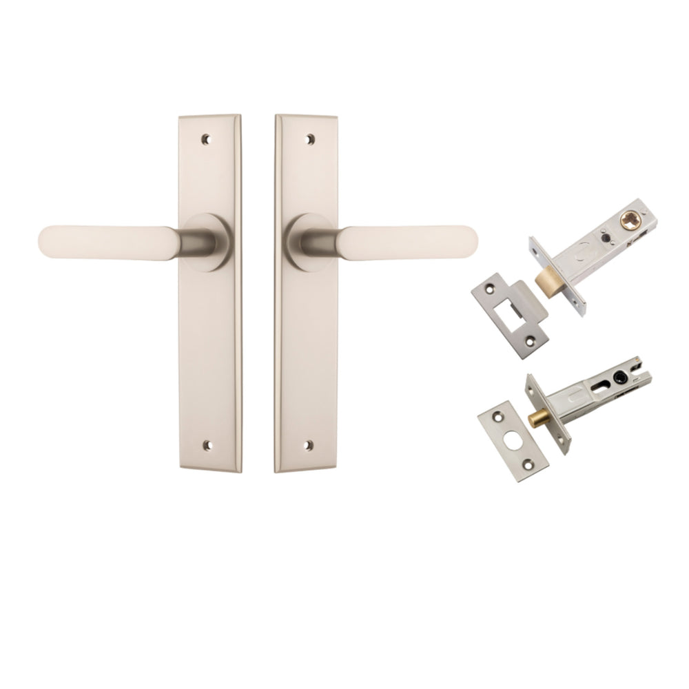 Door Lever Bronte Chamfered Privacy Satin Nickel CTC85mm L117xP55mm BPH240xW50mm Privacy Kit Tube Latch Split Cam 'T' Striker Satin Nickel Backset 60mm, Privacy Bolt Round Bolt Satin Nickel Backset 60mm in Satin Nickel