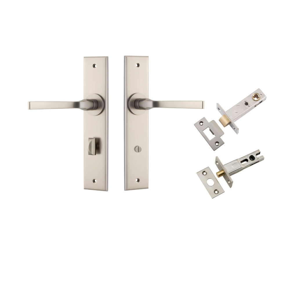 Pair of Iver Annecy lever door handles on chamfered backplates, featuring a sleek, modern design with polished finish.