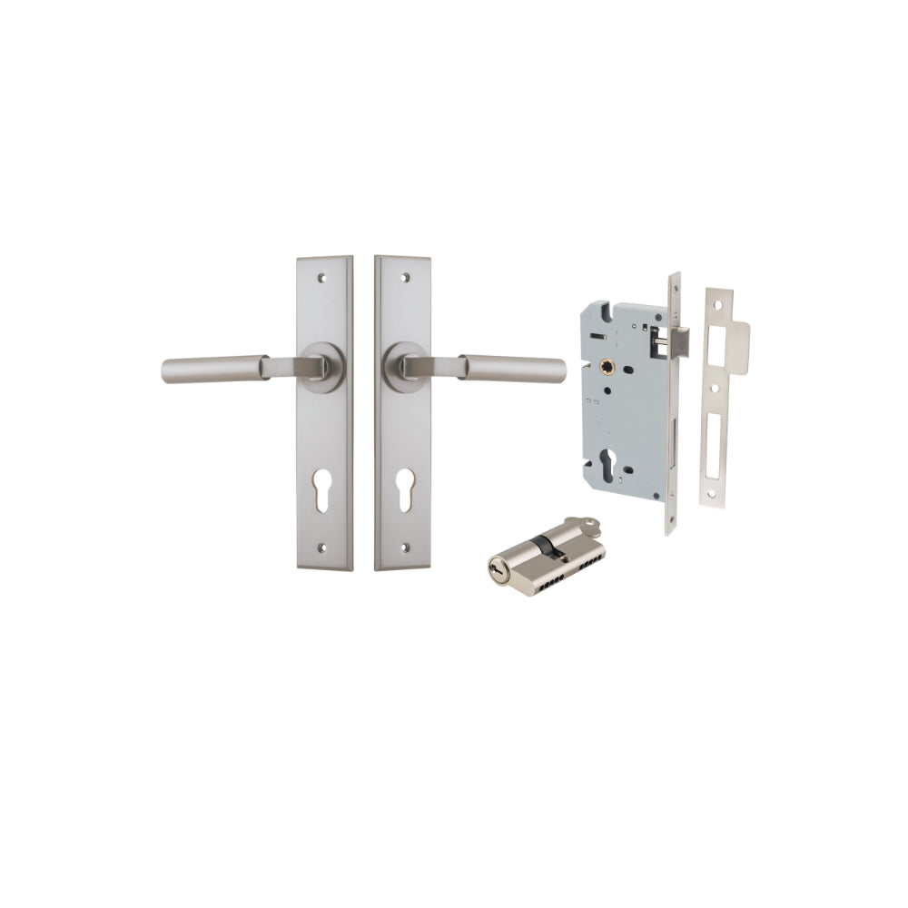 Door Lever Berlin Chamfered Euro Pair Satin Nickel CTC85mm L120xP59mm BPH240xW50mm Mortice Lock Euro Satin Nickel CTC85mm Backset 60mm, Euro Cylinder Dual Function 5 Pin Satin Nickel 65mm KA4 in Satin Nickel