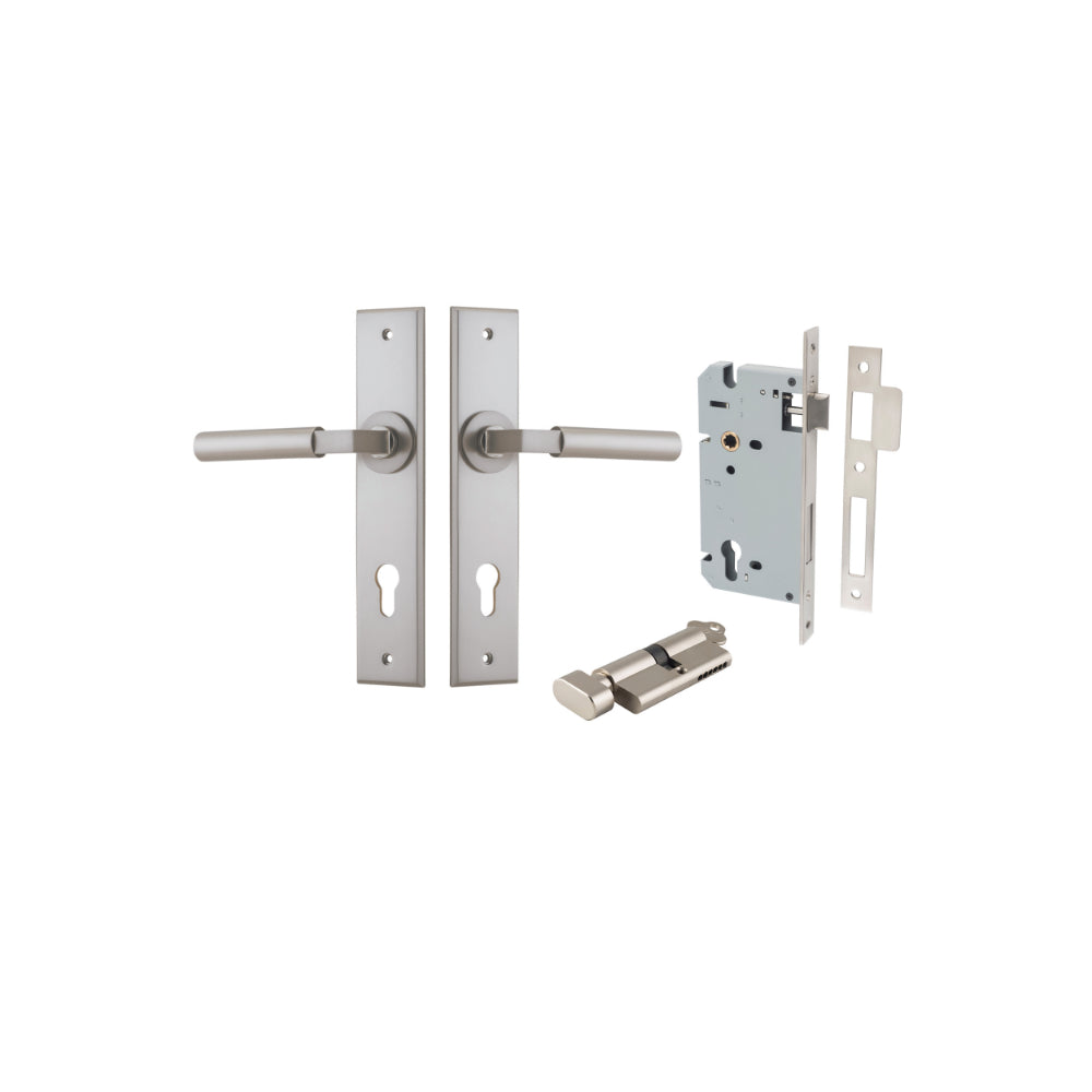 Door Lever Berlin Chamfered Euro Pair Satin Nickel CTC85mm L120xP59mm BPH240xW50mm Mortice Lock Euro Satin Nickel CTC85mm Backset 60mm, Euro Cylinder Key Thumb 5 Pin Satin Nickel 65mm KA4 in Satin Nickel