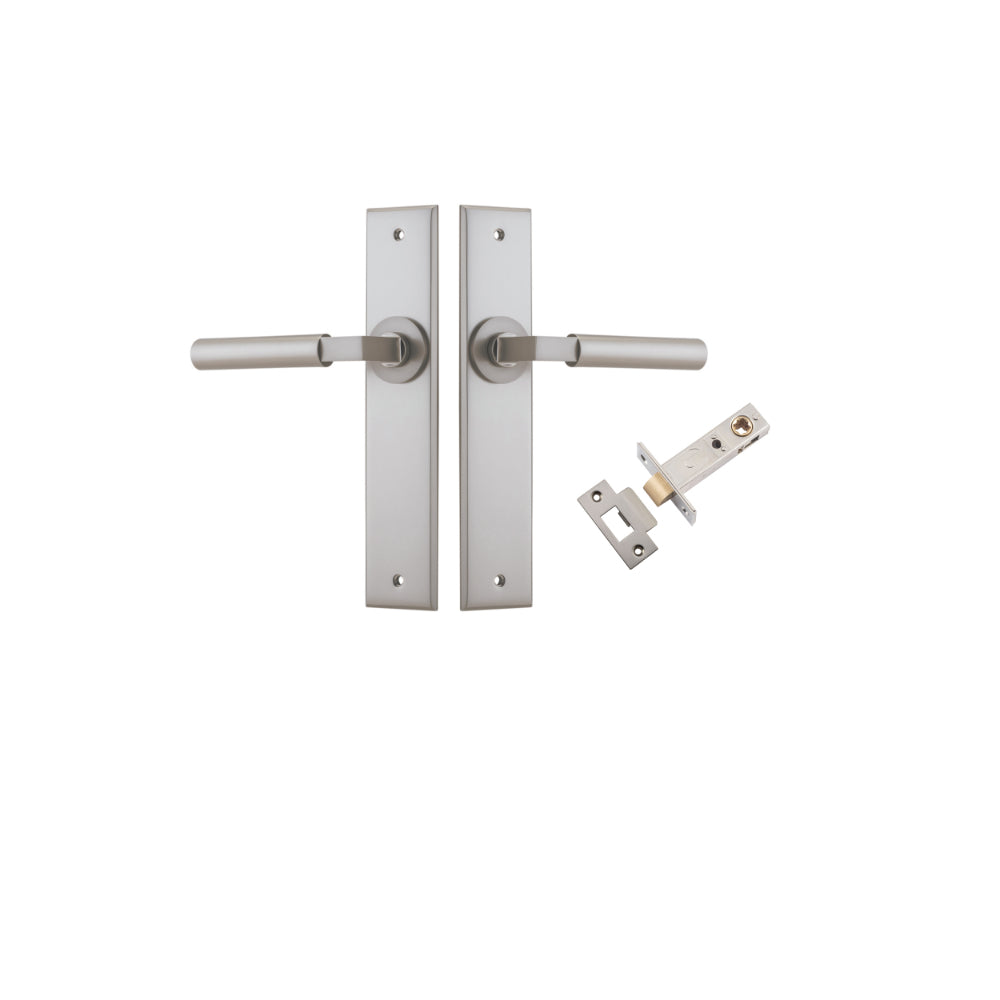 Door Lever Berlin Chamfered Satin Nickel L120xP59mm BPH240xW50mm Passage Kit Tube Latch Split Cam 'T' Striker Satin Nickel Backset 60mm in Satin Nickel