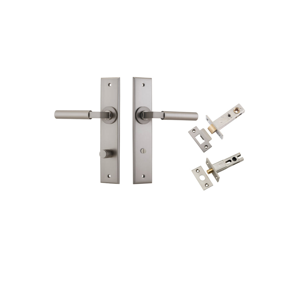 Door Lever Berlin Chamfered Privacy Satin Nickel CTC85mm L120xP59mm BPH240xW50mm Privacy Kit Tube Latch Split Cam 'T' Striker Satin Nickel Backset 60mm, Privacy Bolt Round Bolt Satin Nickel Backset 60mm in Satin Nickel
