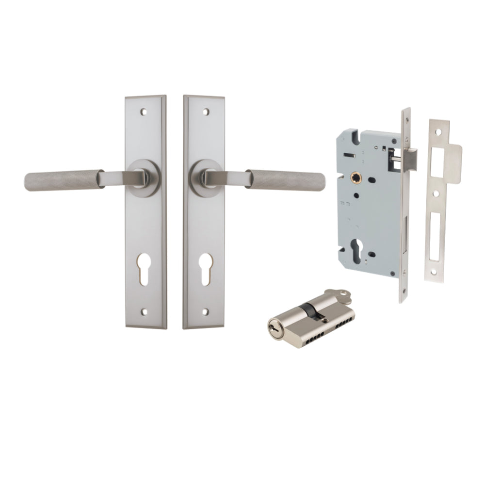 Door Lever Brunswick Chamfered Euro Pair Satin Nickel CTC85mm L120xP59mm BPH240xW50mm Mortice Lock Euro Satin Nickel CTC85mm Backset 60mm, Euro Cylinder Dual Function 5 Pin Satin Nickel 65mm KA4 in Satin Nickel