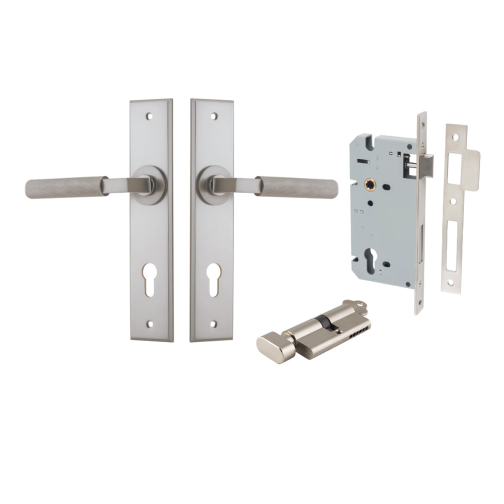 Door Lever Brunswick Chamfered Euro Pair Satin Nickel CTC85mm L120xP59mm BPH240xW50mm Mortice Lock Euro Satin Nickel CTC85mm Backset 60mm, Euro Cylinder Key Thumb 5 Pin Satin Nickel 65mm KA4 in Satin Nickel