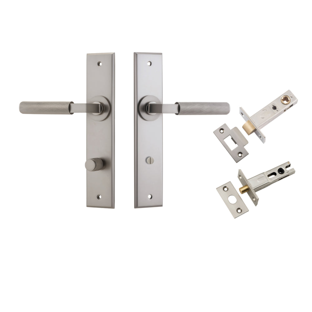 Door Lever Brunswick Chamfered Privacy Satin Nickel CTC85mm L120xP59mm BPH240xW50mm Privacy Kit Tube Latch Split Cam 'T' Striker Satin Nickel Backset 60mm, Privacy Bolt Round Bolt Satin Nickel Backset 60mm in Satin Nickel