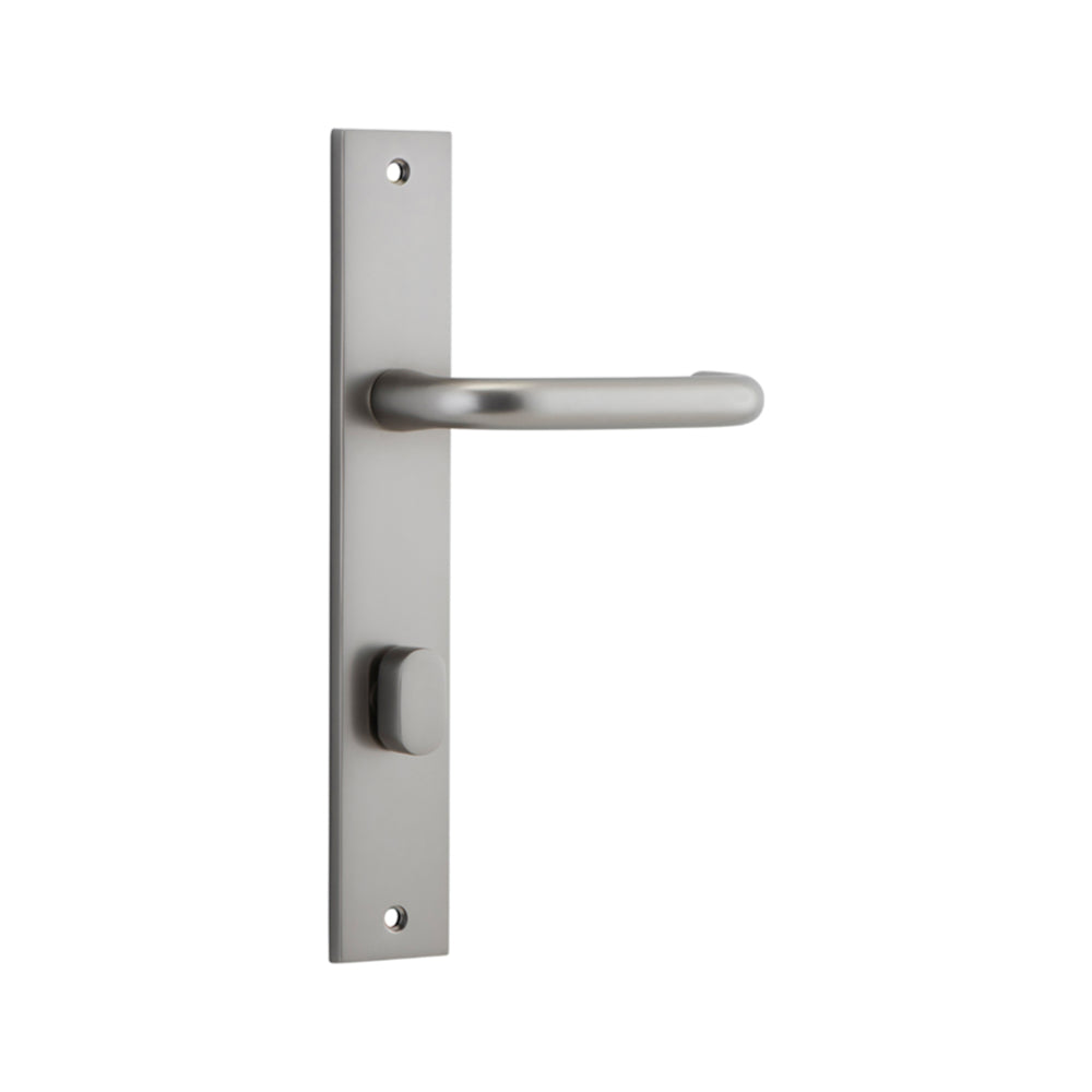Door Lever Oslo Return Rectangular Privacy Satin Nickel CTC85mm L118xP56mm BPH240xW50mm Privacy Kit, Tube Latch Split Cam 'T' Striker Satin Nickel Backset 60mm, Privacy Bolt Round Bolt Satin Nickel Backset 60mm in Satin Nickel