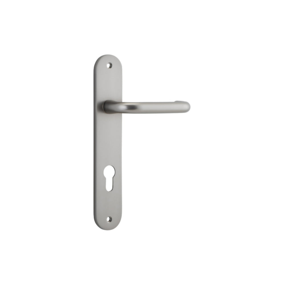 Door Lever Oslo Oval Euro Satin Nickel CTC85mm H230xW40xP57mm in Satin Nickel