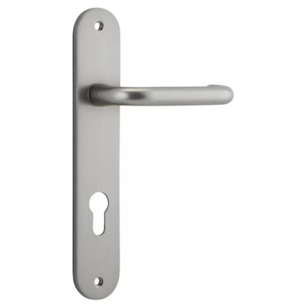 Door Lever Oslo Oval Euro Pair Satin Nickel CTC85mm L120xP54mm BPH240xW38mm Mortice Lock Euro Satin Nickel CTC85mm Backset 60mm, Euro Cylinder Key Thumb 5 Pin Satin Nickel 65mm KA4 in Satin Nickel