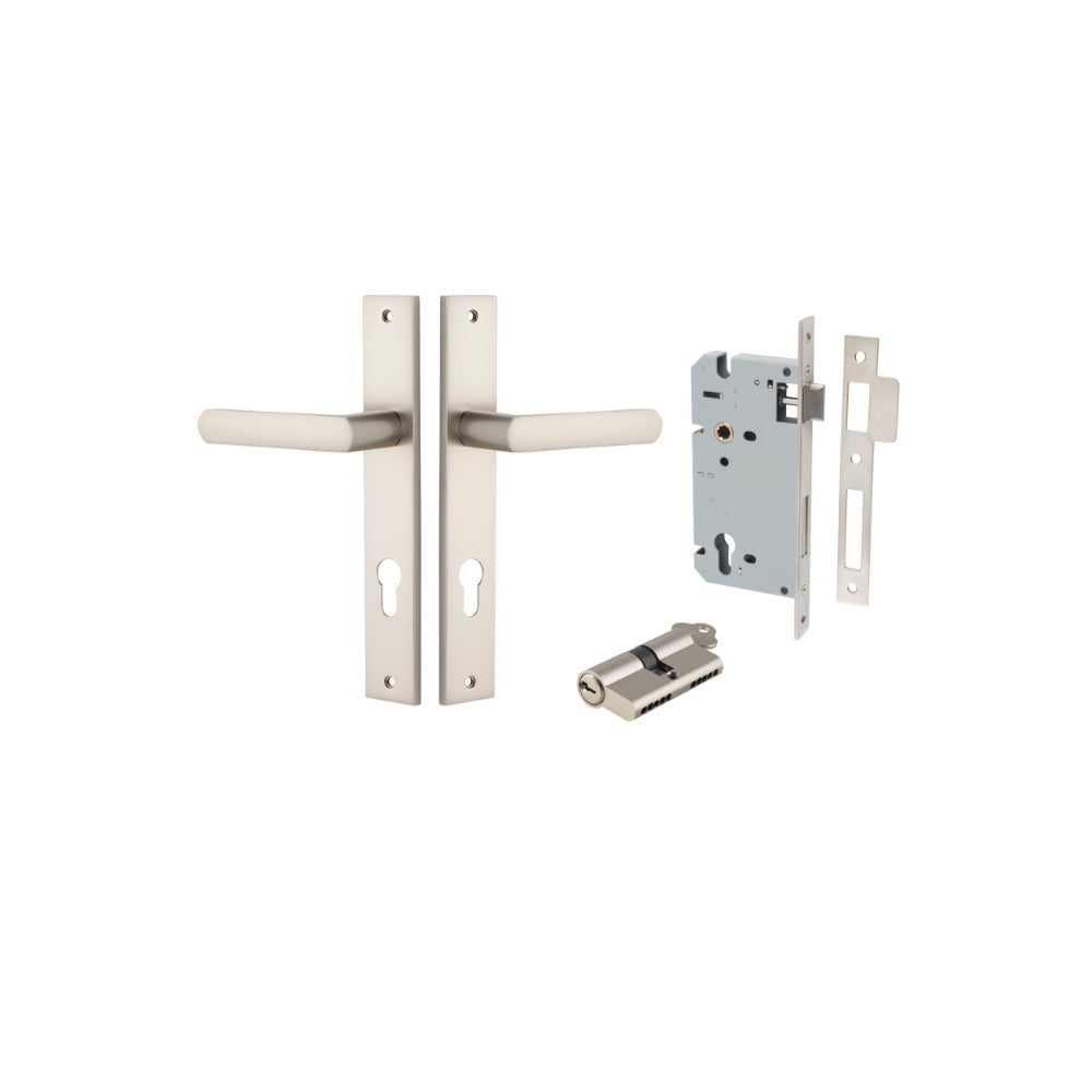 Door Lever Osaka Rectangular Euro Pair Satin Nickel CTC85mm H240xW38xP55mm Entrance Kit, Mortice Lock Euro Satin Nickel CTC85mm Backset 60mm, Euro Cylinder Dual Function 5 Pin Satin Nickel L65mm KA1 in Satin Nickel
