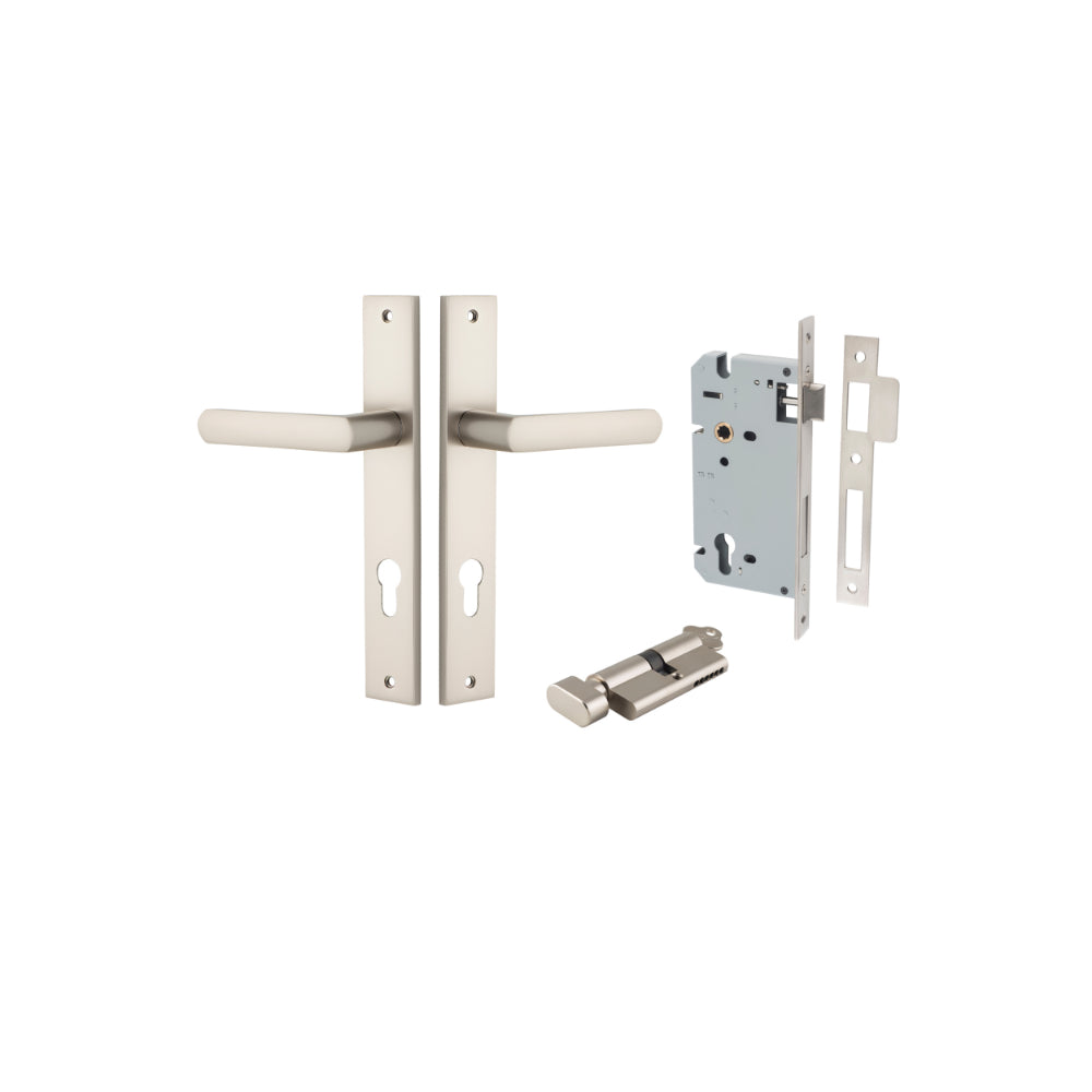 Door Lever Osaka Rectangular Euro Pair Satin Nickel CTC85mm H240xW38xP55mm Entrance Kit, Mortice Lock Euro Satin Nickel CTC85mm Backset 60mm, Euro Cylinder Key Thumb 6 Pin Satin Nickel L70mm KA1 in Satin Nickel