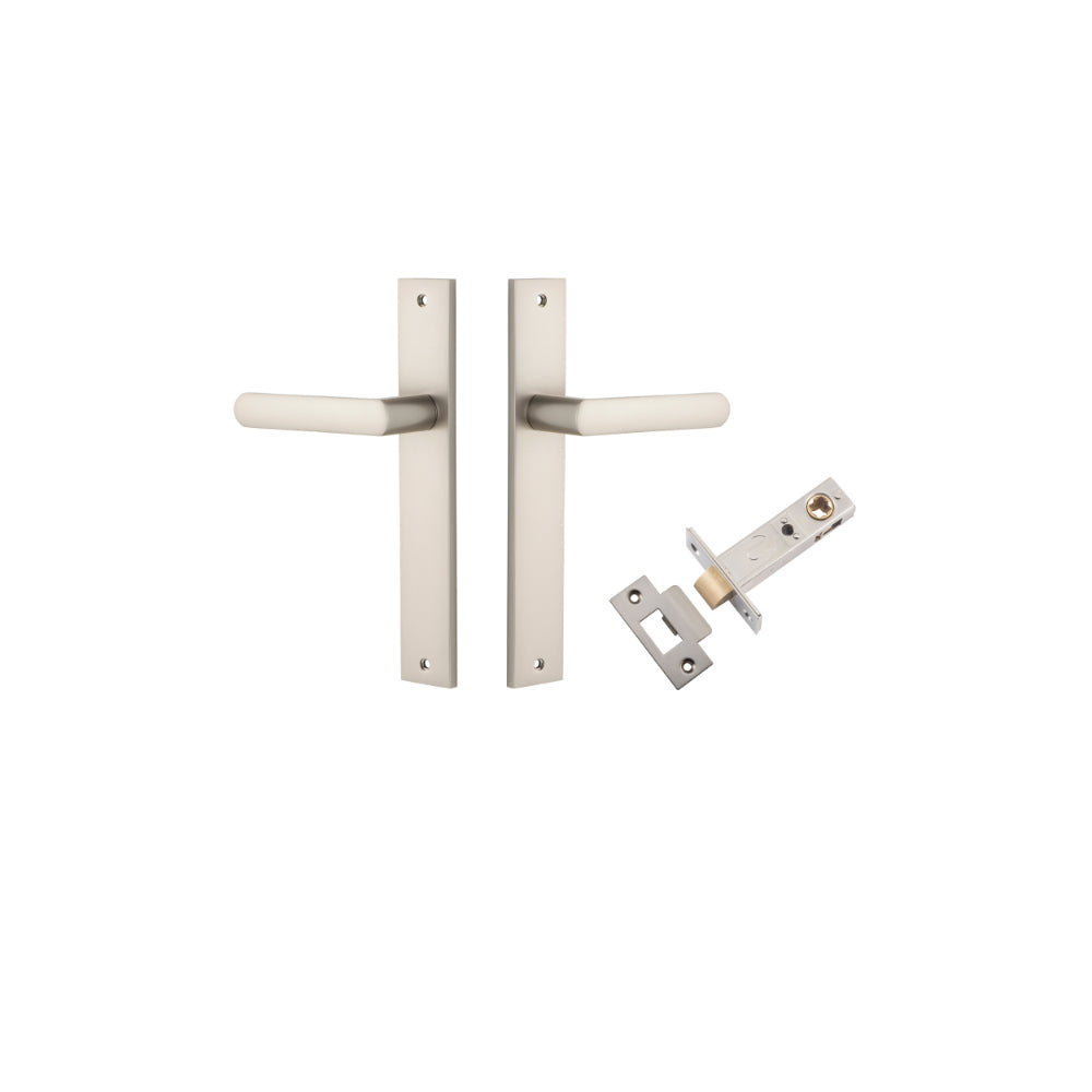 Door Lever Osaka Rectangular Latch Pair Satin Nickel H240xW38xP55mm Passage Kit, Tube Latch Split Cam 'T' Striker Satin Nickel Backset 60mm in Satin Nickel