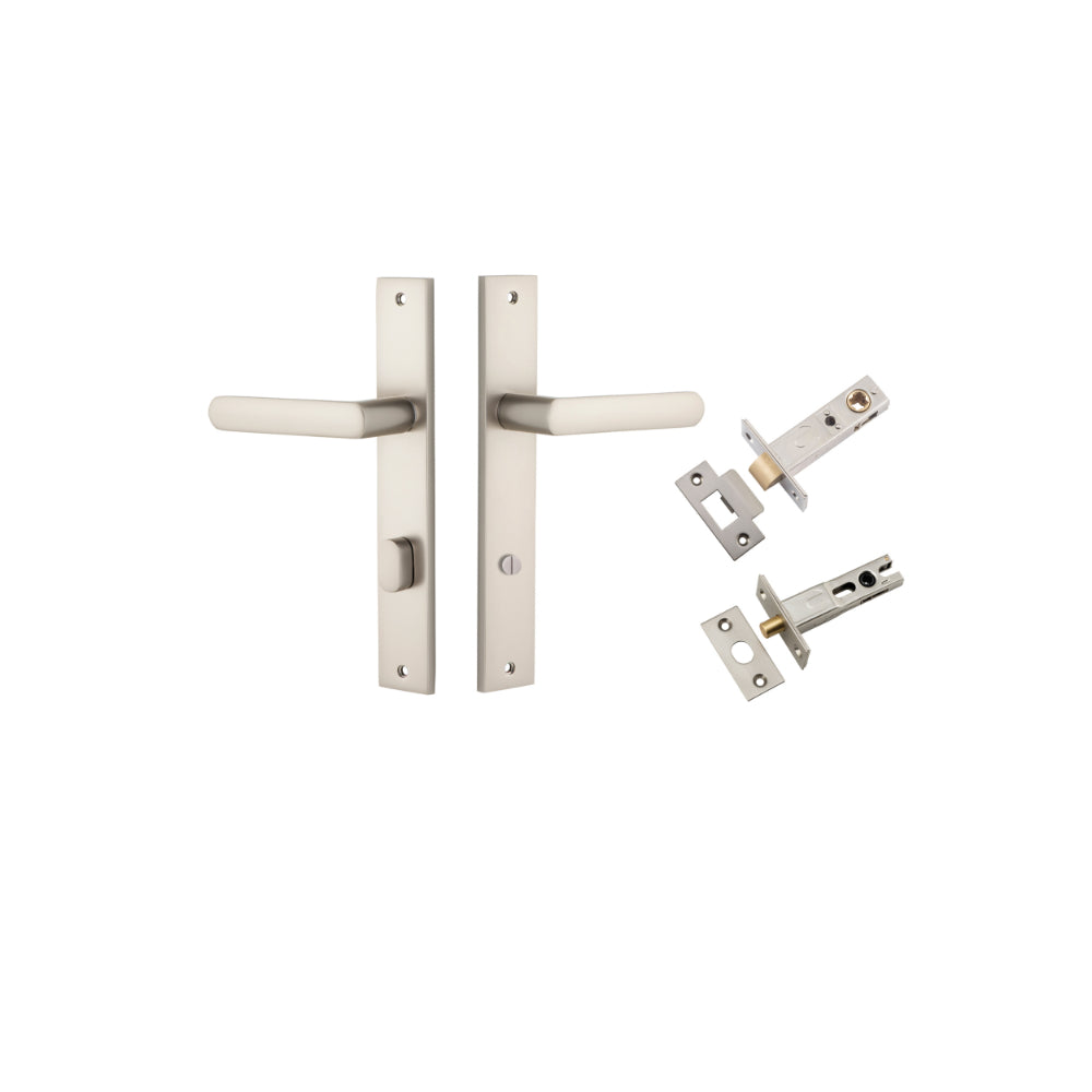 Door Lever Osaka Rectangular Privacy Pair Satin Nickel CTC85mm H240xW38xP55mm Privacy Kit, Tube Latch Split Cam 'T' Striker Satin Nickel Backset 60mm, Privacy Bolt Round Bolt Satin Nickel Backset 60mm in Satin Nickel
