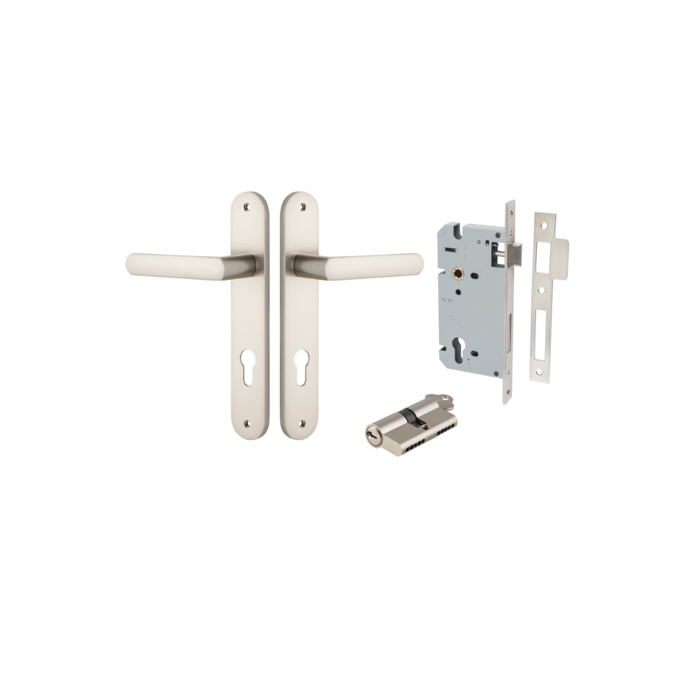 Door Lever Osaka Oval Euro Pair Satin Nickel CTC85mm H240xW40xP55mm Entrance Kit Mortice Lock Euro Satin Nickel CTC85mm Backset 60mm, Euro Cylinder Dual Function 5 Pin Satin Nickel L65mm KA1 in Satin Nickel