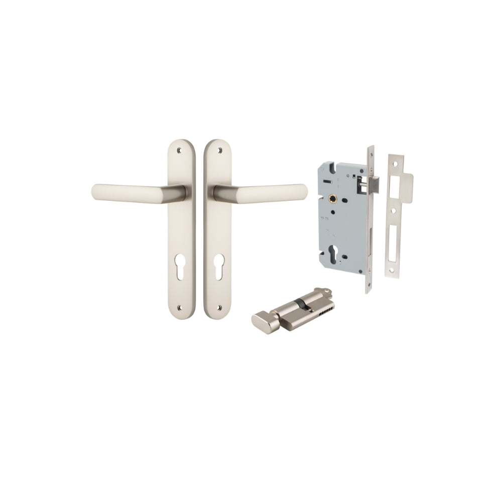 Door Lever Osaka Oval Euro Pair Satin Nickel CTC85mm H240xW40xP55mm Entrance Kit Mortice Lock Euro Satin Nickel CTC85mm Backset 60mm, Euro Cylinder Key Thumb 6 Pin Satin Nickel L70mm KA1 in Satin Nickel
