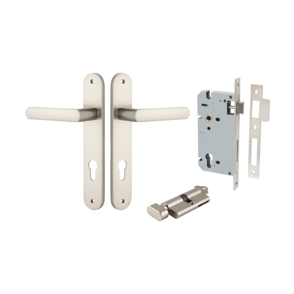 Door Lever Osaka Oval Euro Pair Satin Nickel CTC85mm H240xW40xP55mm Entrance Kit Mortice Lock Euro Satin Nickel CTC85mm Backset 60mm, Euro Cylinder Key Thumb 6 Pin Satin Nickel L70mm KA1 in Satin Nickel