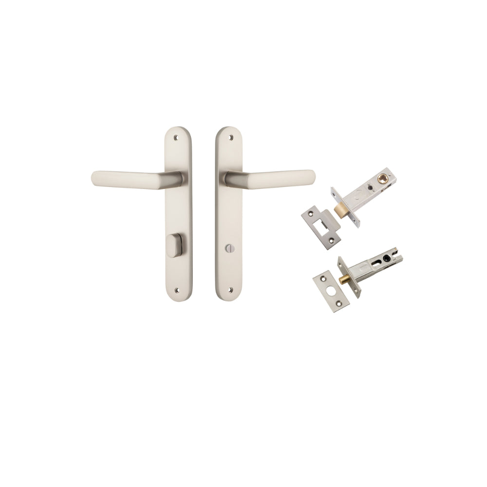 Door Lever Osaka Oval Privacy Pair Satin Nickel CTC85mm H240xW40xP55mm Privacy Kit Tube Latch Split Cam 'T' Striker Satin Nickel Backset 60mm, Privacy Bolt Round Bolt Satin Nickel Backset 60mm in Satin Nickel