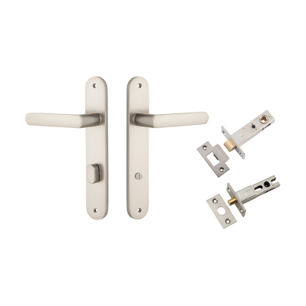 Door Lever Osaka Oval Privacy Pair Satin Nickel CTC85mm H240xW40xP55mm Privacy Kit Tube Latch Split Cam 'T' Striker Satin Nickel Backset 60mm, Privacy Bolt Round Bolt Satin Nickel Backset 60mm in Satin Nickel
