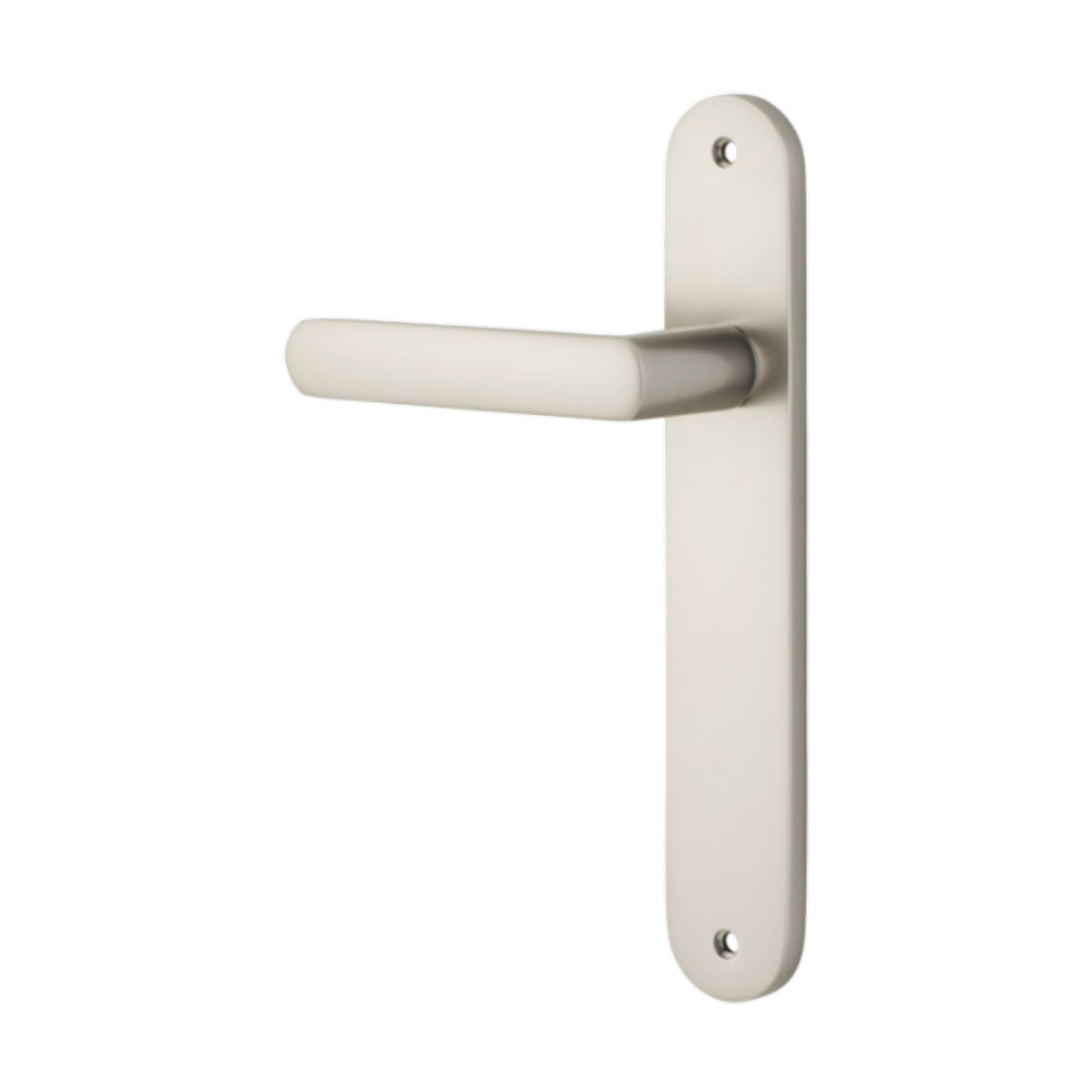 Door Lever Osaka Oval Latch Left Hand Fixed Satin Nickel L120xP52mm BPH240xW40mm in Satin Nickel