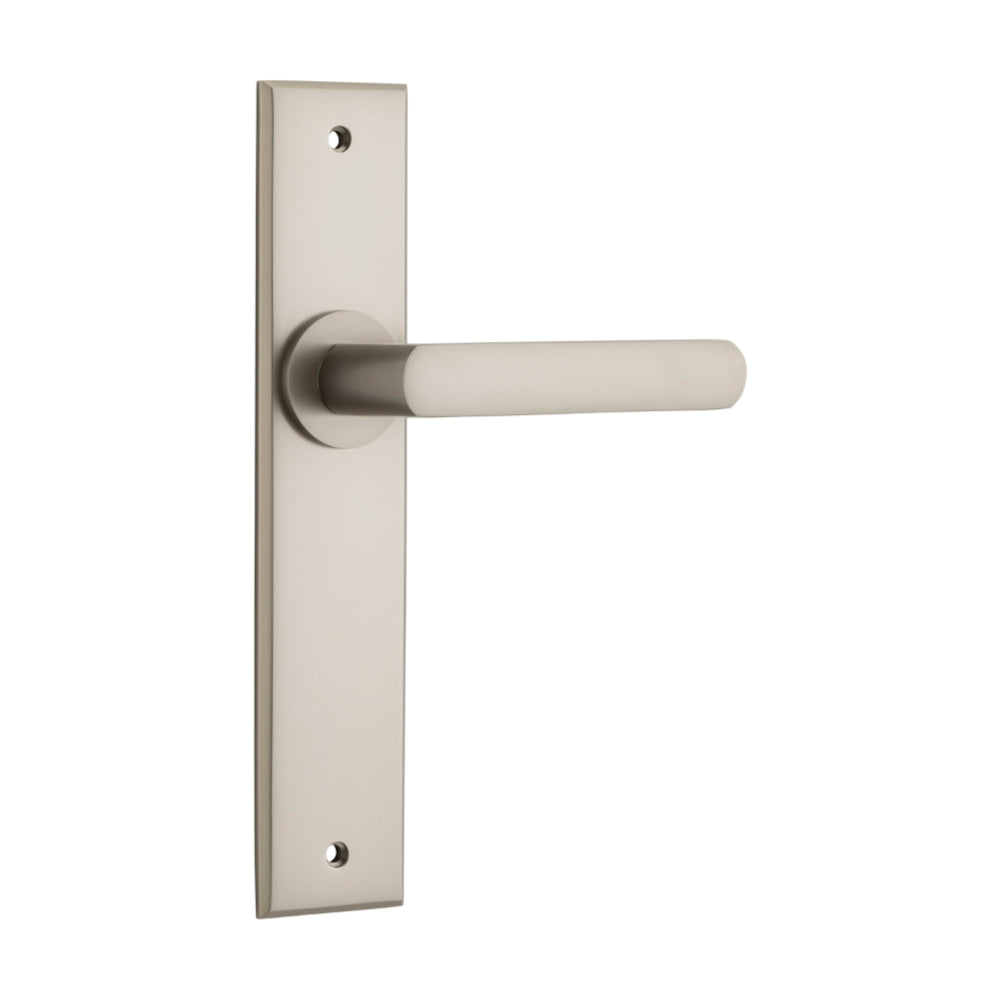 Door Lever Osaka Chamfered Latch Pair Satin Nickel H240xW50xP55mm in Satin Nickel