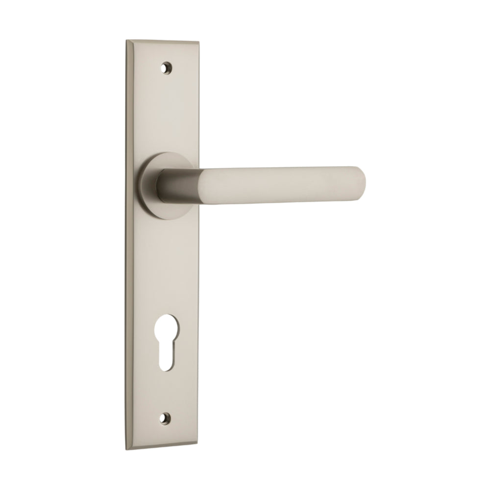 Door Lever Osaka Chamfered Euro Pair Satin Nickel CTC85mm H240xW50xP55mm in Satin Nickel