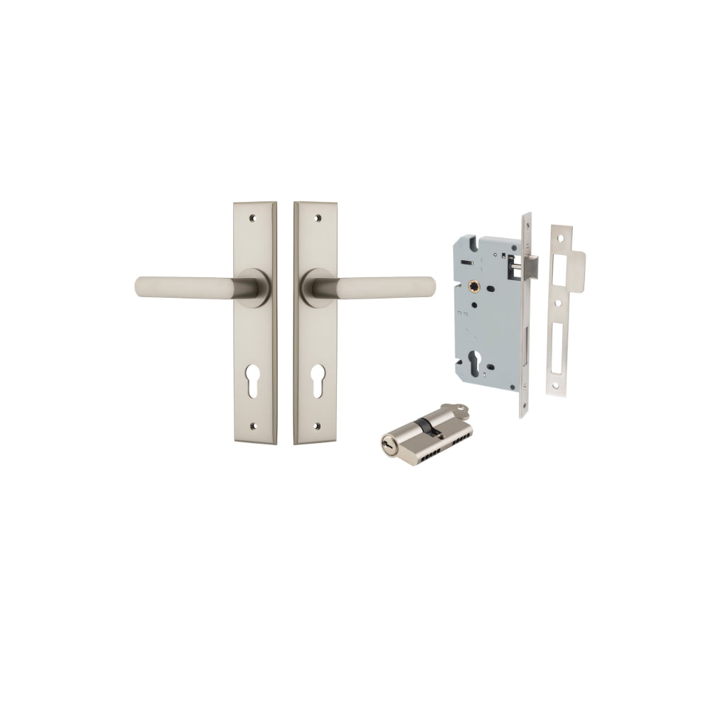 Door Lever Osaka Chamfered Euro Pair Satin Nickel CTC85mm L120xP54mm BPH240xW50mm Mortice Lock Euro Satin Nickel CTC85mm Backset 60mm, Euro Cylinder Dual Function 5 Pin Satin Nickel 65mm KA4 in Satin Nickel