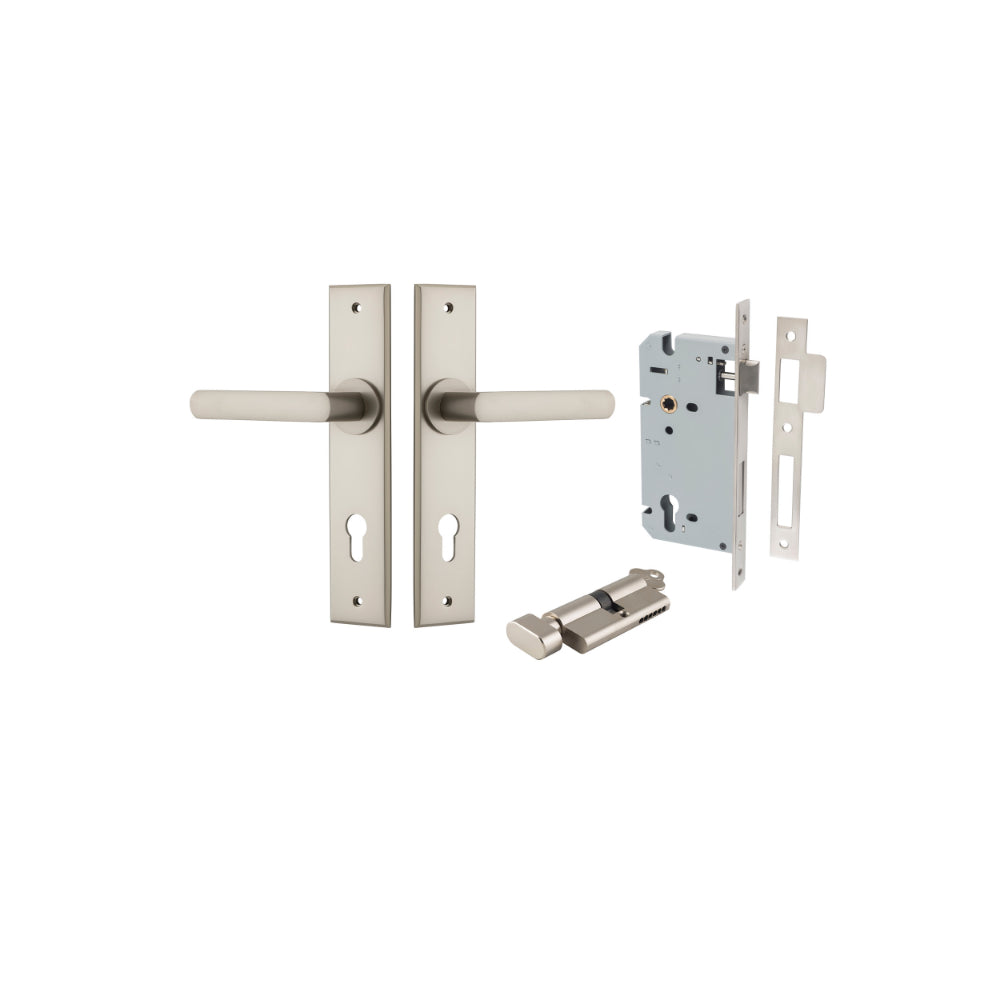 Door Lever Osaka Chamfered Euro Pair Satin Nickel CTC85mm L120xP54mm BPH240xW50mm Mortice Lock Euro Satin Nickel CTC85mm Backset 60mm, Euro Cylinder Key Thumb 5 Pin Satin Nickel 65mm KA4 in Satin Nickel
