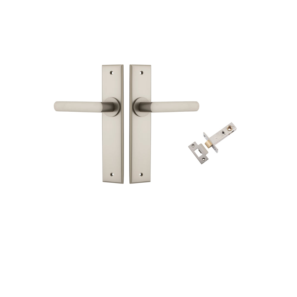 Door Lever Osaka Chamfered Satin Nickel L120xP54mm BPH240xW50mm Passage Kit Tube Latch Split Cam 'T' Striker Satin Nickel Backset 60mm in Satin Nickel