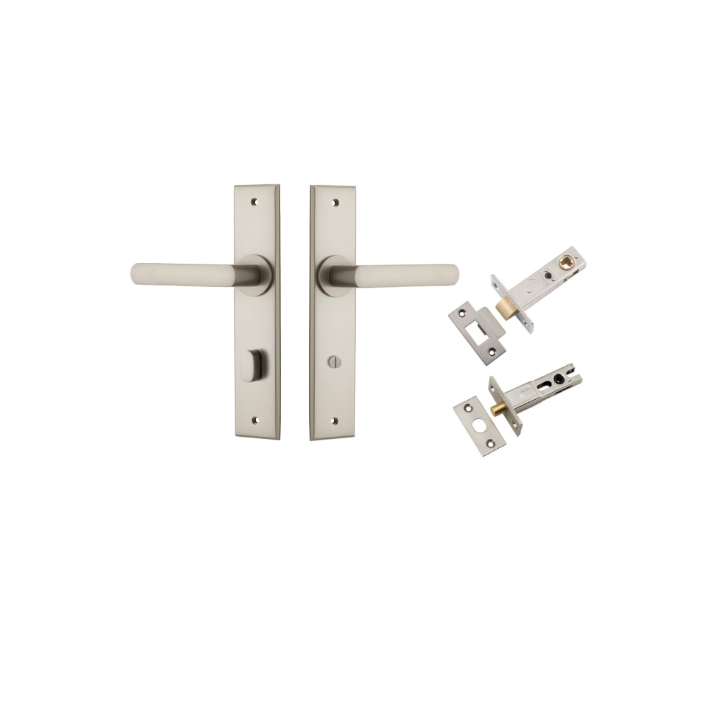 Door Lever Osaka Chamfered Privacy Satin Nickel CTC85mm L120xP54mm BPH240xW50mm Privacy Kit Tube Latch Split Cam 'T' Striker Satin Nickel Backset 60mm, Privacy Bolt Round Bolt Satin Nickel Backset 60mm in Satin Nickel