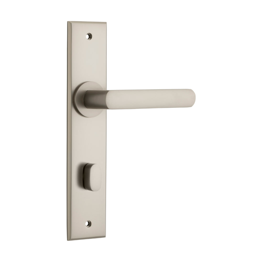 Door Lever Osaka Chamfered Privacy Pair Satin Nickel CTC85mm H240xW50xP55mm in Satin Nickel