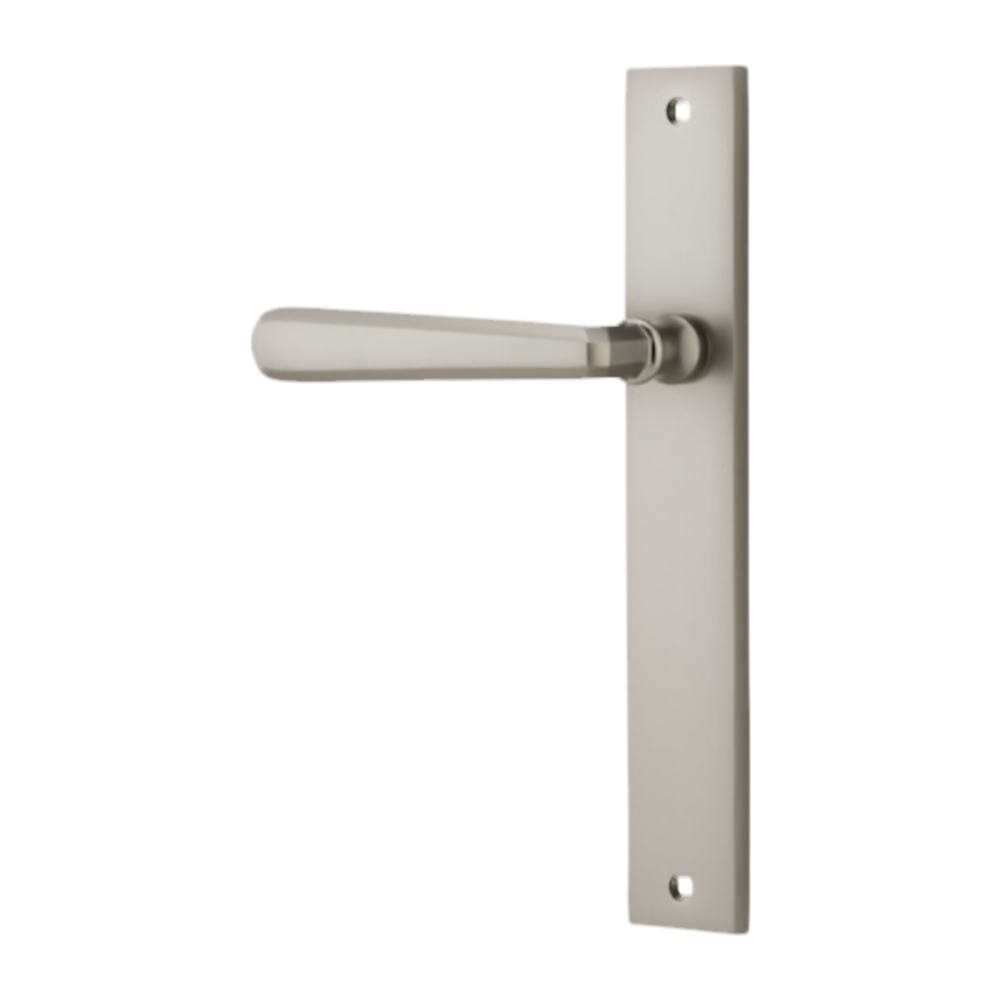 Door Lever Copenhagen Rectangular Latch Left Hand Fixed Satin Nickel L120xP57mm BPH240xW38mm in Satin Nickel