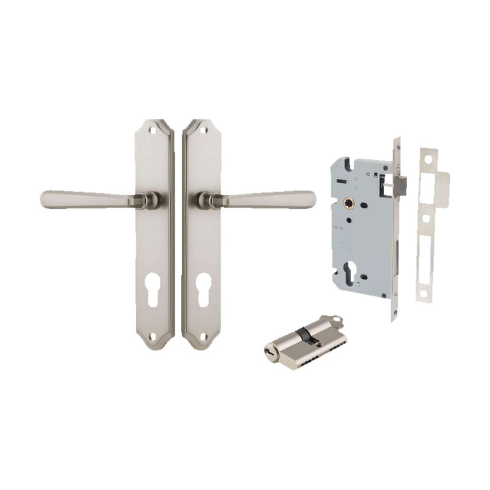 Door Lever Copenhagen Shouldered Euro Pair Satin Nickel CTC85mm H250xW48xP61mm Entrance Kit Mortice Lock Euro Satin Nickel CTC85mm Backset 60mm, Euro Cylinder Dual Function 5 Pin Satin Nickel L65mm KA1 in Satin Nickel