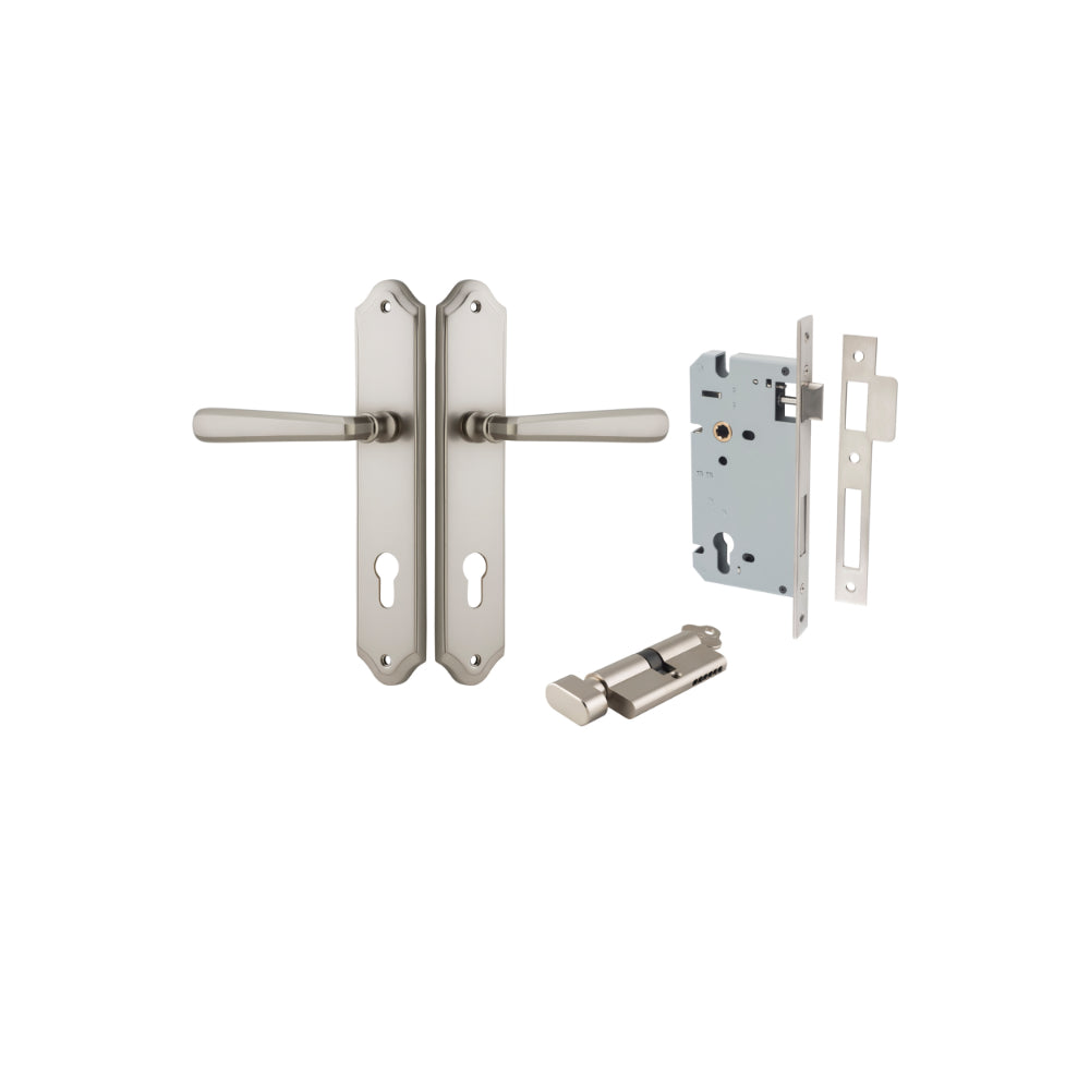 Door Lever Copenhagen Shouldered Euro Pair Satin Nickel CTC85mm H250xW48xP61mm Entrance Kit Mortice Lock Euro Satin Nickel CTC85mm Backset 60mm, Euro Cylinder Key Thumb 6 Pin Satin Nickel L70mm KA1 in Satin Nickel
