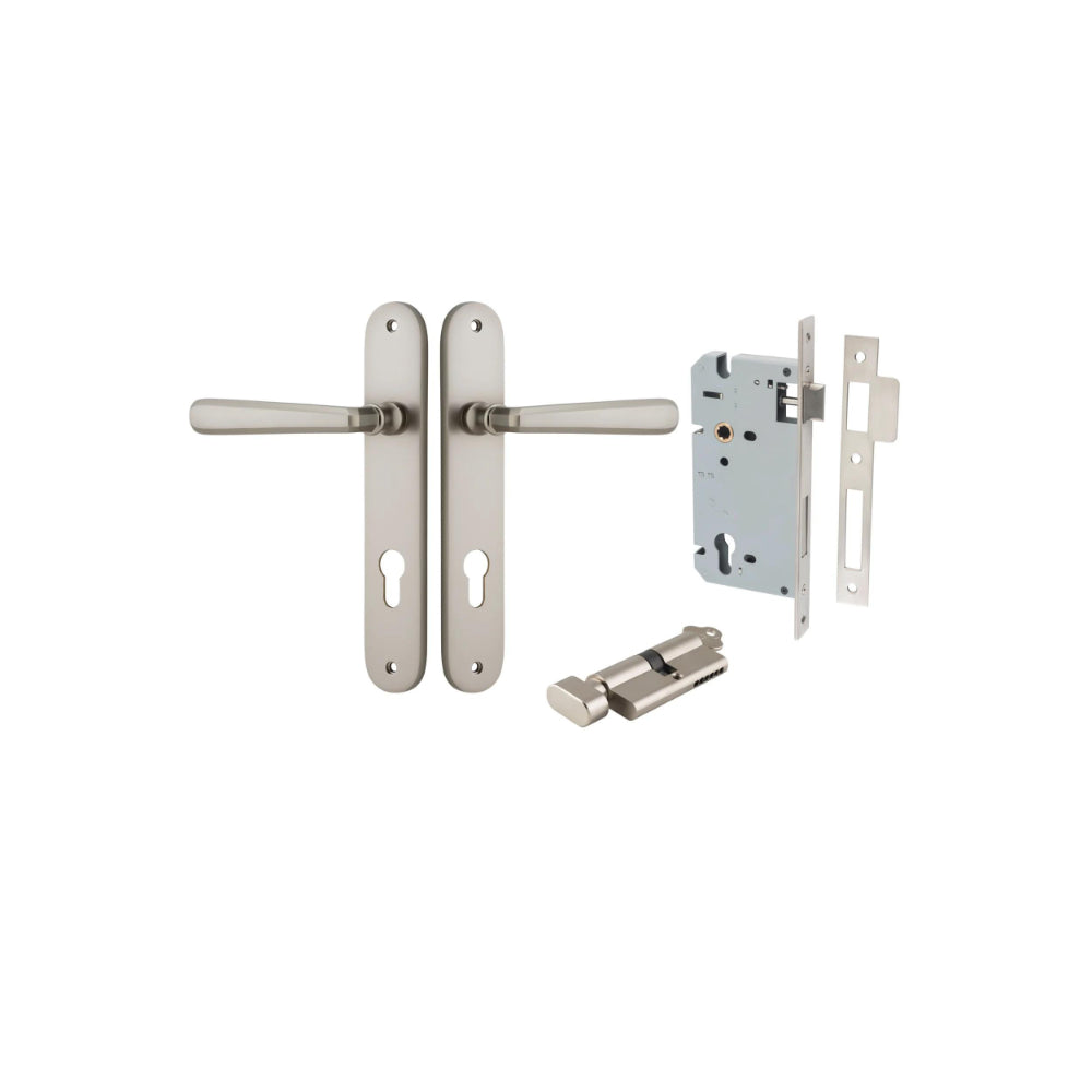 Door Lever Copenhagen Oval Euro Pair Satin Nickel CTC85mm H240xW40xP61mm Entrance Kit Mortice Lock Euro Satin Nickel CTC85mm Backset 60mm, Euro Cylinder Key Thumb 6 Pin Satin Nickel L70mm KA1 in Satin Nickel