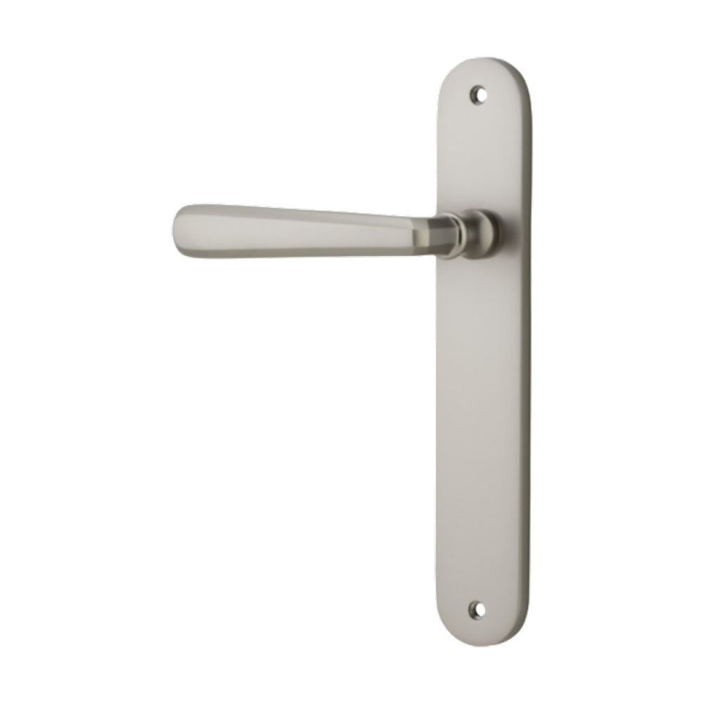 Door Lever Copenhagen Oval Latch Left Hand Fixed Satin Nickel L120xP57mm BPH240xW40mm in Satin Nickel
