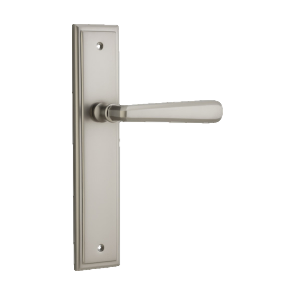 Pair of Iver Copenhagen architectural lever handles on stepped backplates, showcasing stylish hardware for doors.