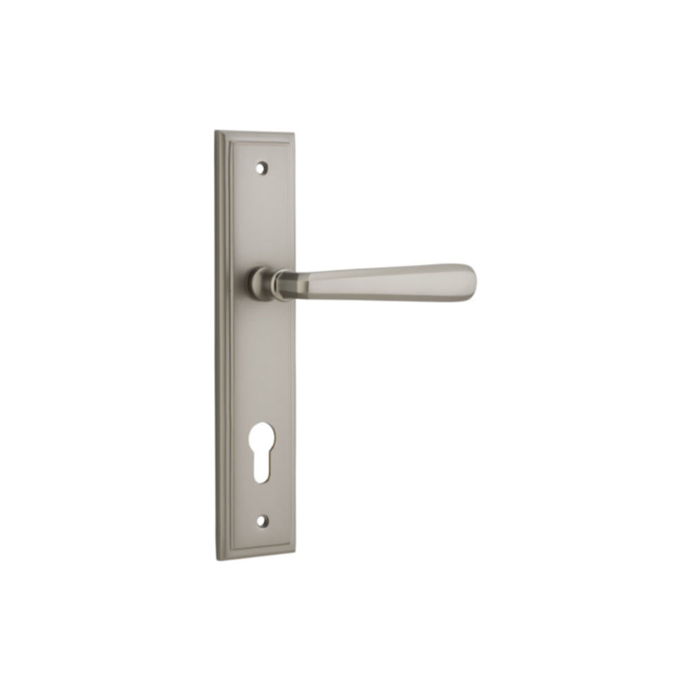 Door Lever Copenhagen Stepped Euro Pair Satin Nickel CTC85mm H237xW50xP61mm in Satin Nickel