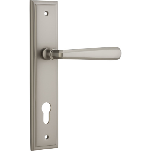 Door Lever Copenhagen Stepped Euro Pair Satin Nickel CTC85mm H237xW50xP61mm in Satin Nickel