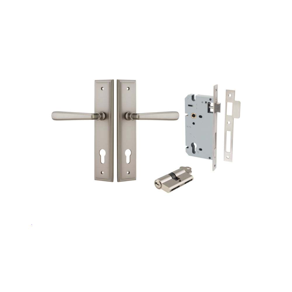 Door Lever Copenhagen Stepped Euro Pair Satin Nickel CTC85mm H237xW50xP61mm Entrance Kit Mortice Lock Euro Satin Nickel CTC85mm Backset 60mm, Euro Cylinder Dual Function 5 Pin Satin Nickel L65mm KA1 in Satin Nickel