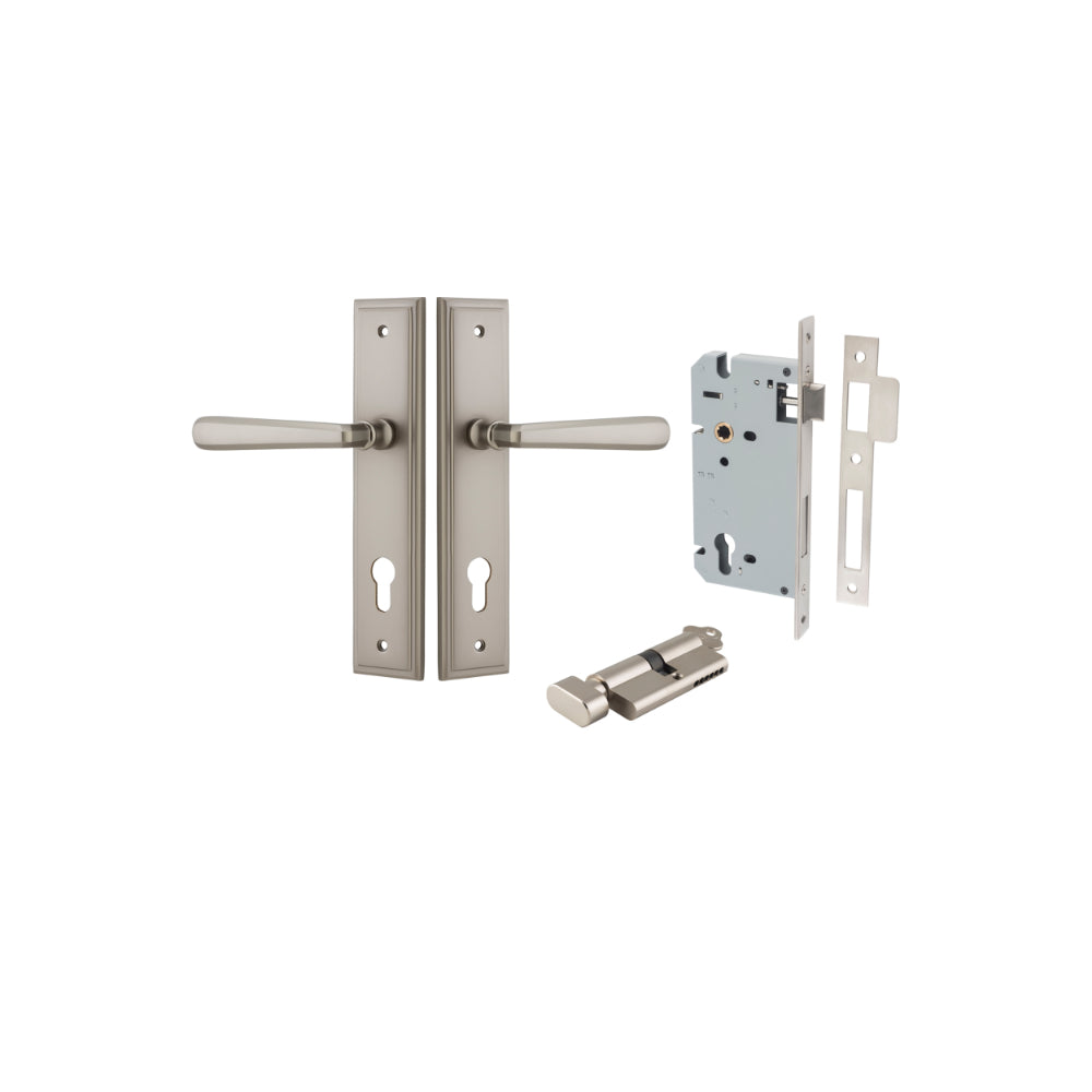 Door Lever Copenhagen Stepped Euro Pair Satin Nickel CTC85mm H237xW50xP61mm Entrance Kit Mortice Lock Euro Satin Nickel CTC85mm Backset 60mm, Euro Cylinder Key Thumb 6 Pin Satin Nickel L70mm KA1 in Satin Nickel