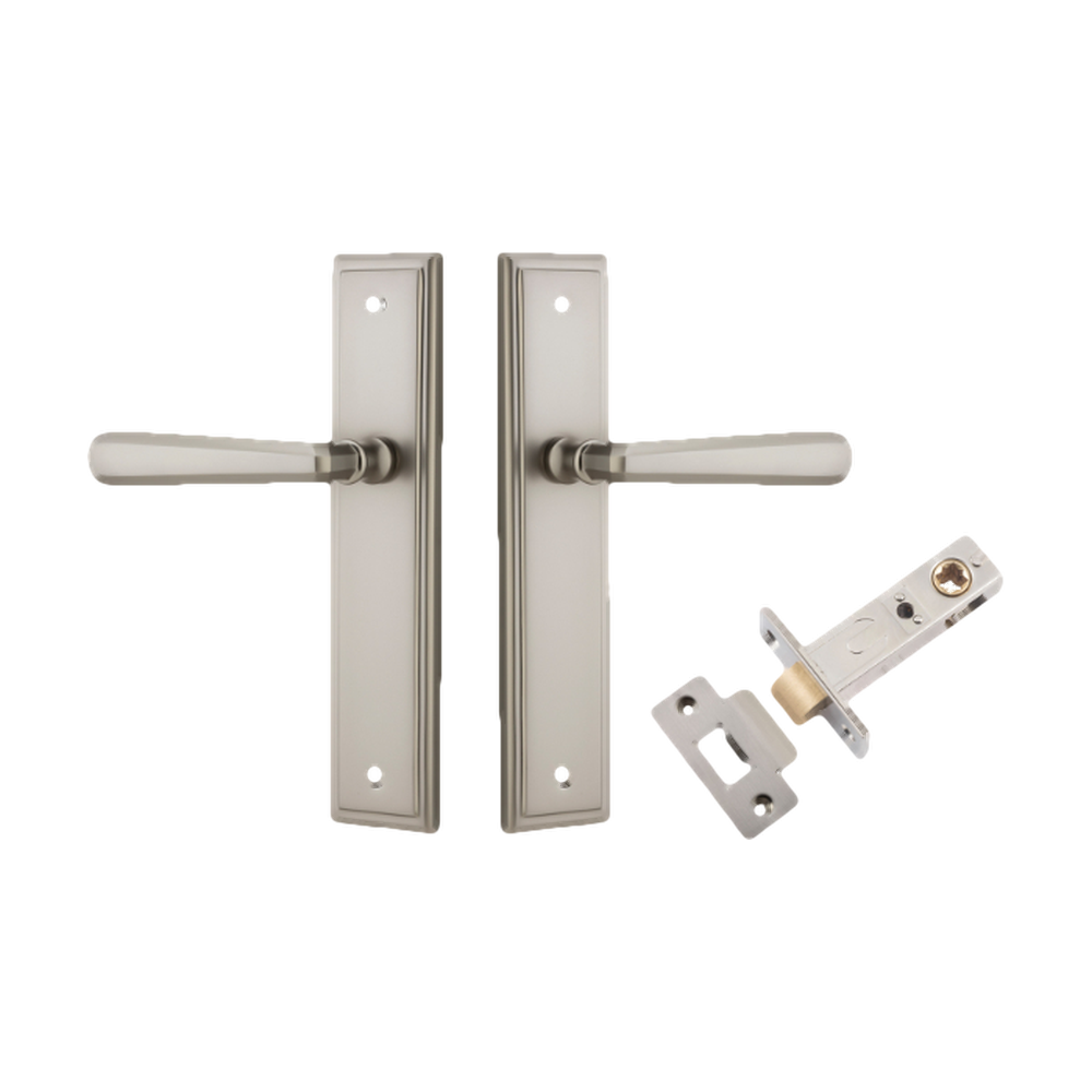 Pair of Iver Copenhagen lever handles on stepped backplates, architectural hardware for doors, with a sleek, modern design.