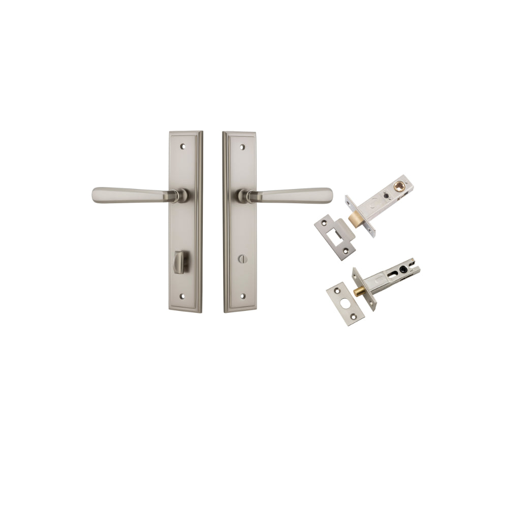 Door Lever Copenhagen Stepped Privacy Pair Satin Nickel CTC85mm H237xW50xP61mm Inbuilt Privacy Kit Tube Latch Split Cam 'T' Striker Satin Nickel Backset 60mm, Privacy Bolt Round Bolt Satin Nickel Backset 60mm in Satin Nickel