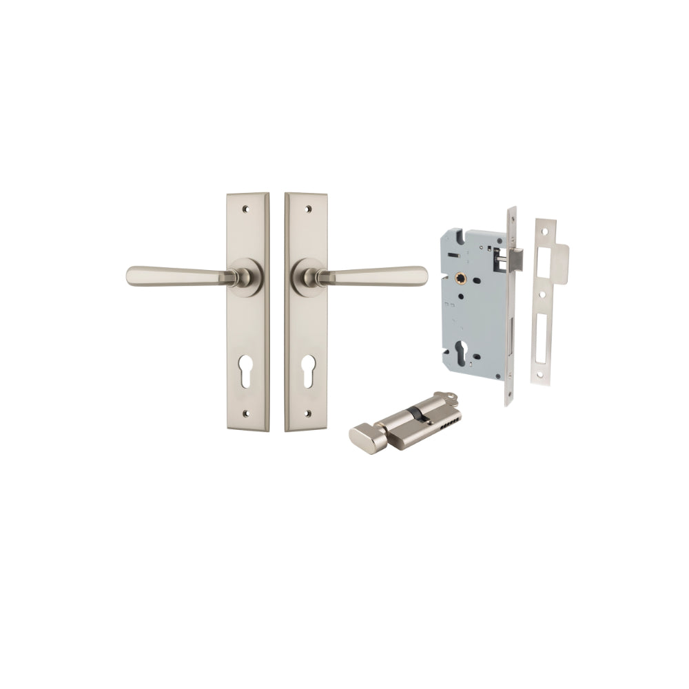 Door Lever Copenhagen Chamfered Euro Pair Satin Nickel CTC85mm L120xP59mm BPH240xW50mm Mortice Lock Euro Satin Nickel CTC85mm Backset 60mm, Euro Cylinder Key Thumb 5 Pin Satin Nickel 65mm KA4 in Satin Nickel