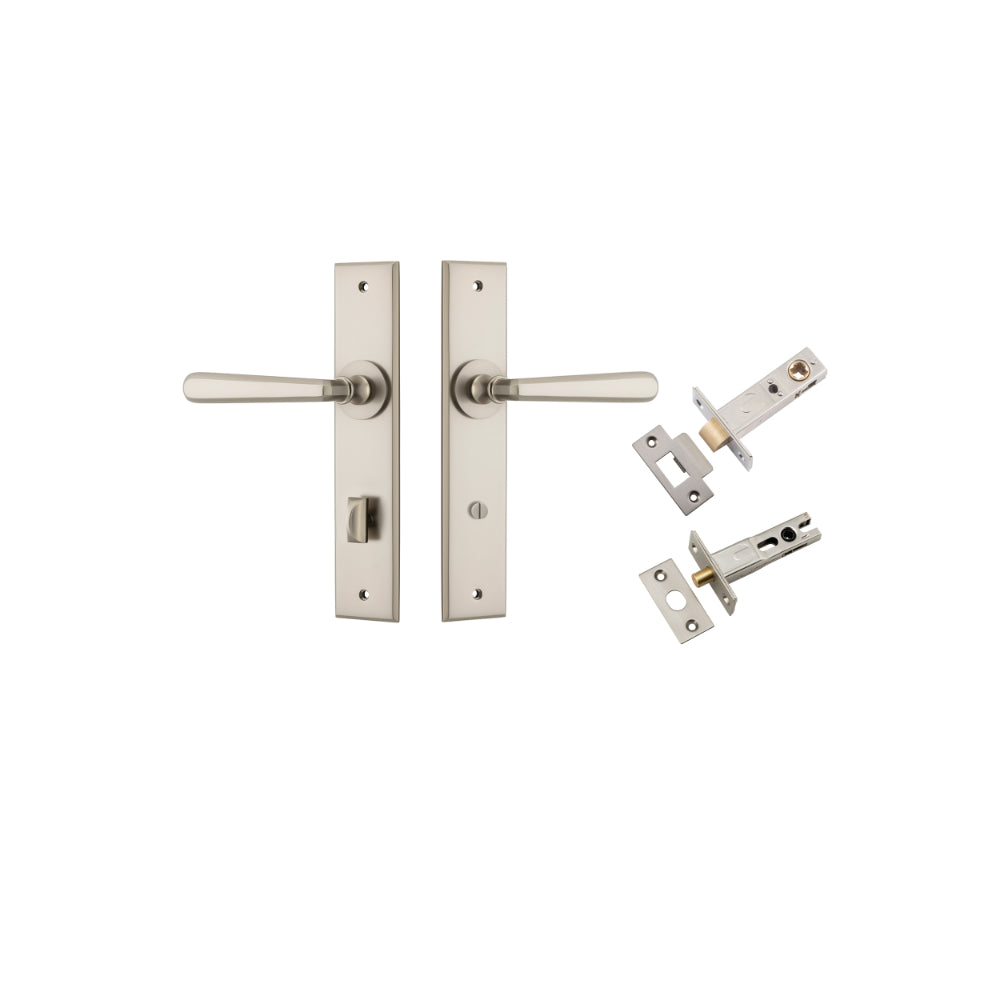 Door Lever Copenhagen Chamfered Privacy Satin Nickel CTC85mm L120xP59mm BPH240xW50mm Privacy Kit Tube Latch Split Cam 'T' Striker Satin Nickel Backset 60mm, Privacy Bolt Round Bolt Satin Nickel Backset 60mm in Satin Nickel