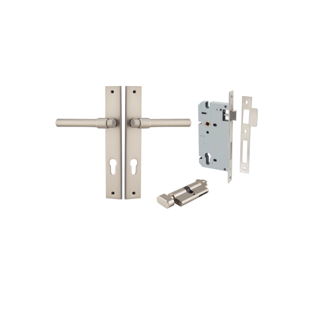 Door Lever Helsinki Rectangular Euro Pair Satin Nickel CTC85mm H240xW38xP44mm Entrance Kit, Mortice Lock Euro Satin Nickel CTC85mm Backset 60mm, Euro Cylinder Key Thumb 6 Pin Satin Nickel L70mm KA1 in Satin Nickel