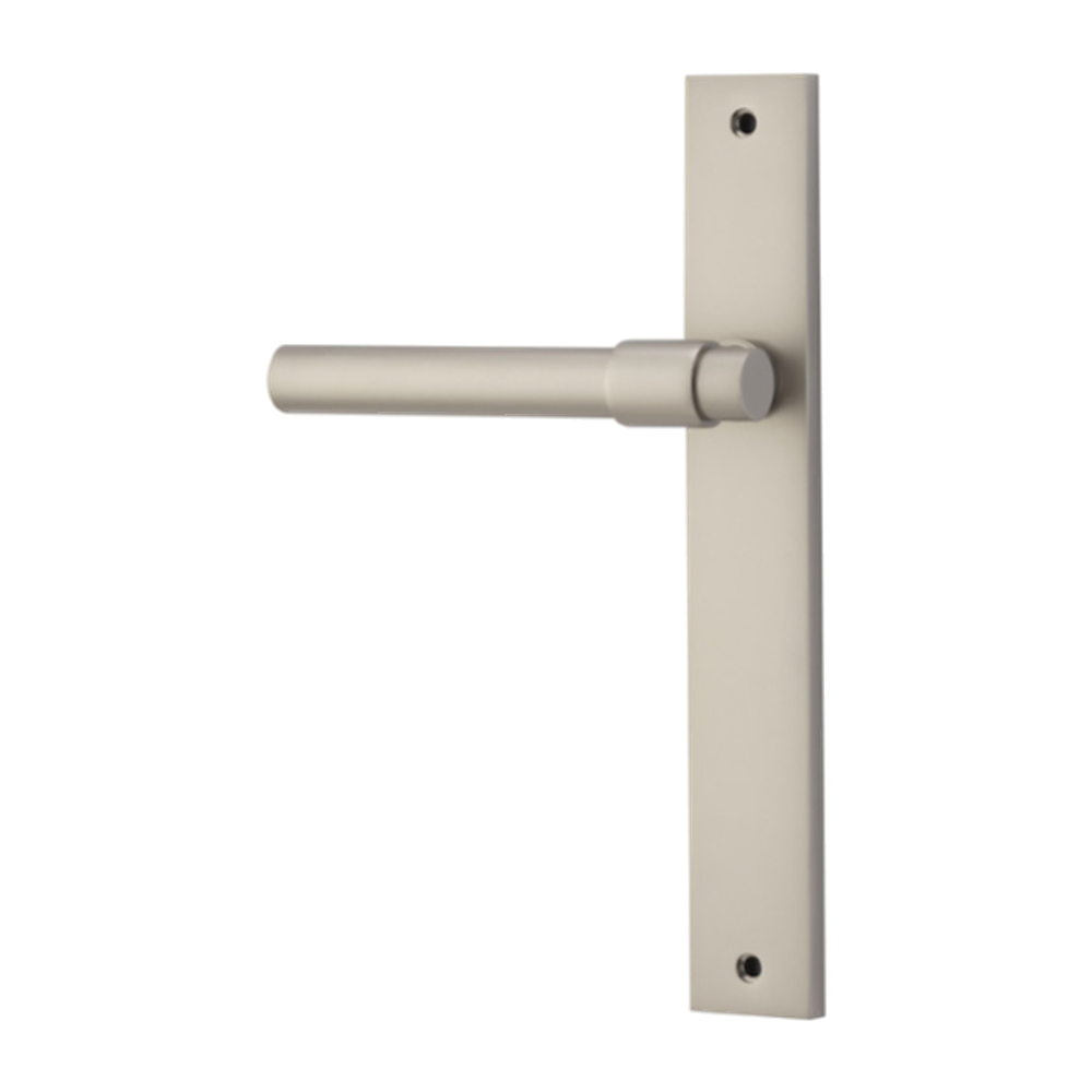 Door Lever Helsinki Rectangular Latch Left Hand Fixed Satin Nickel L137xP58mm BPH240xW38mm in Satin Nickel