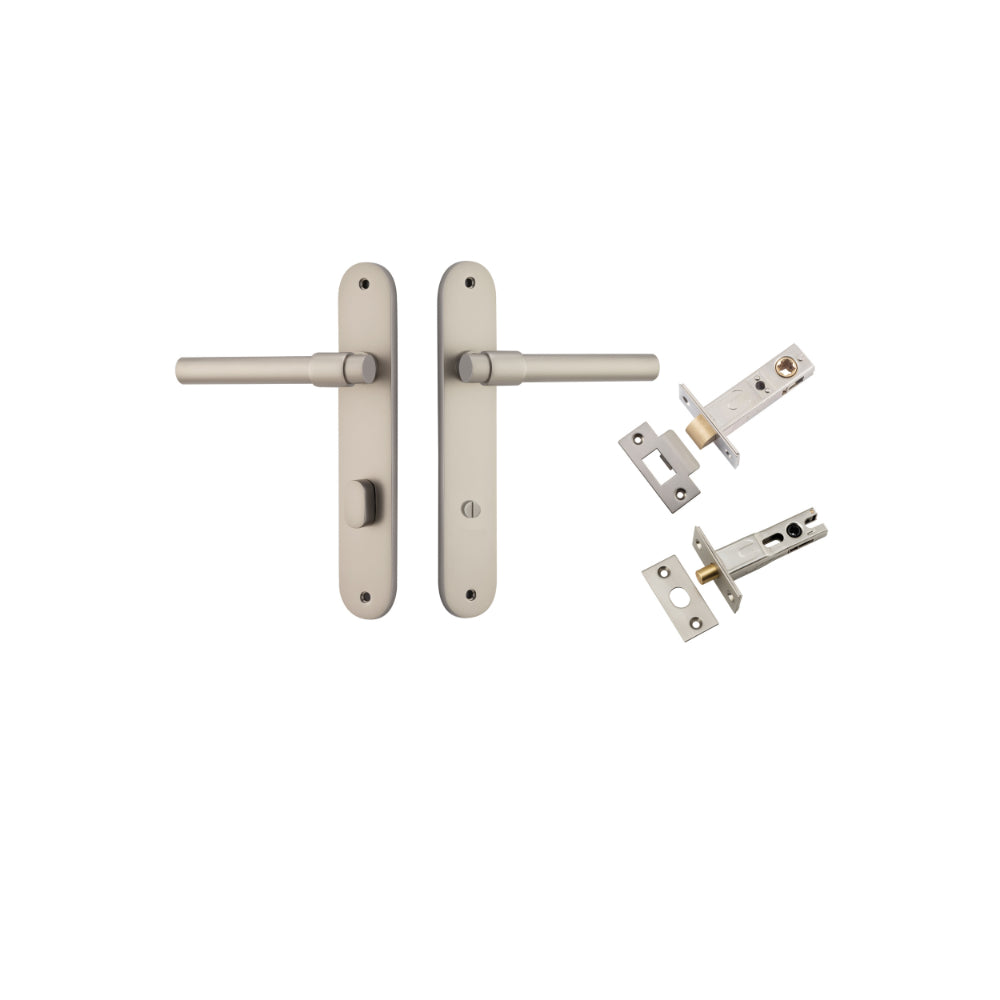 Door Lever Helsinki Oval Privacy Pair Satin Nickel CTC85mm H240xW40xP44mm Privacy Kit Tube Latch Split Cam 'T' Striker Satin Nickel Backset 60mm, Privacy Bolt Round Bolt Satin Nickel Backset 60mm in Satin Nickel