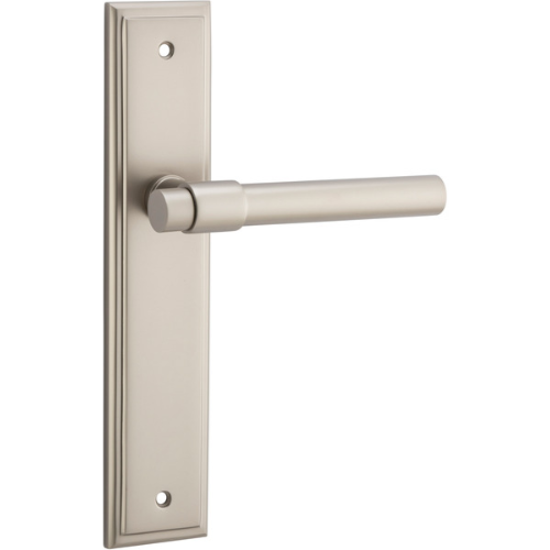 Pair of Iver Helsinki lever door handles on stepped backplates, featuring sleek modern design and brushed metal finish.