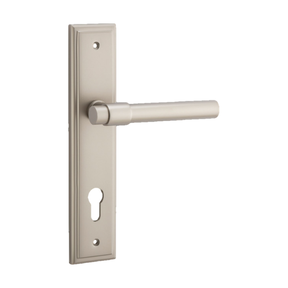 Door Lever Helsinki Stepped Euro Pair Satin Nickel CTC85mm H237xW50xP44mm in Satin Nickel