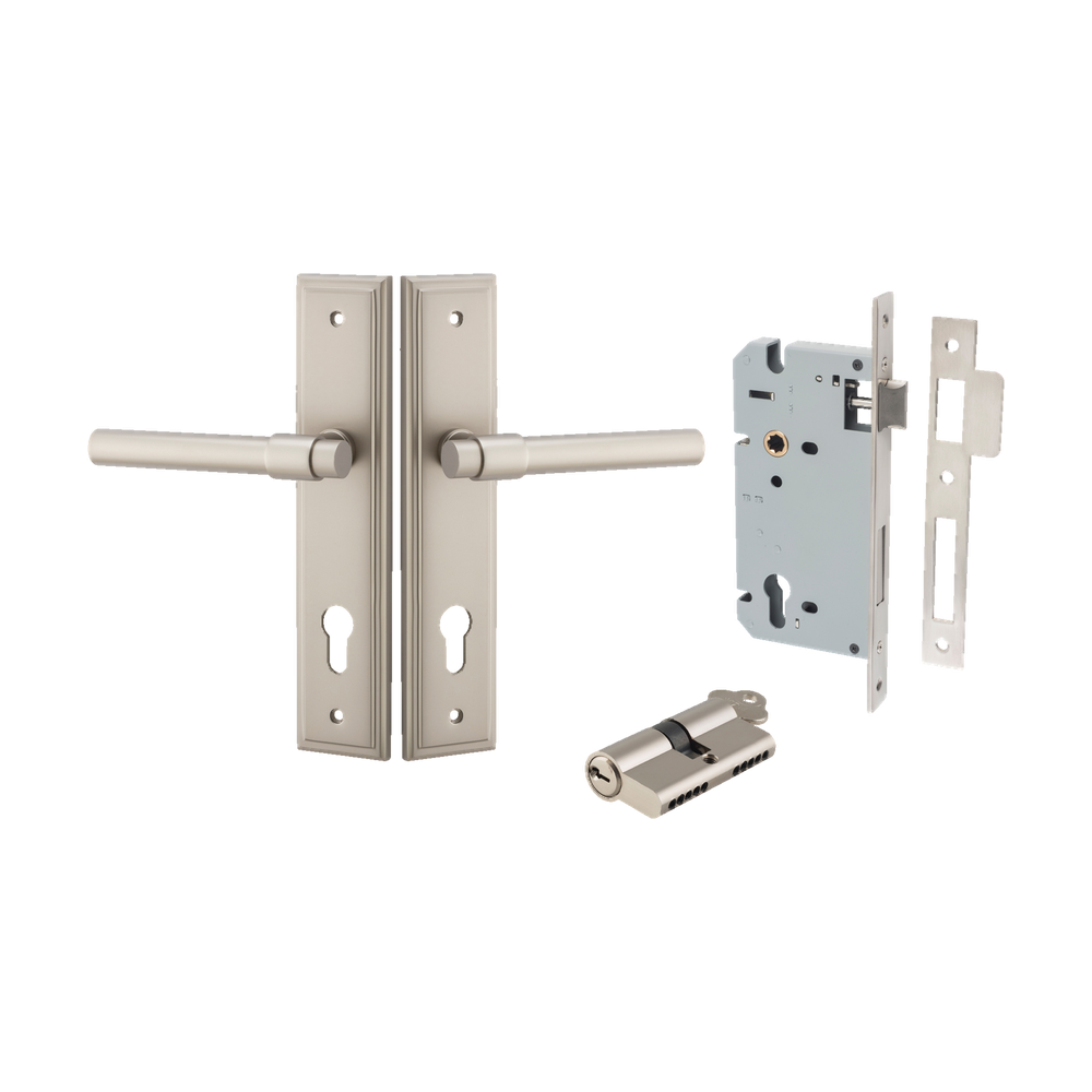 Door Lever Helsinki Stepped Euro Pair Satin Nickel CTC85mm H237xW50xP44mm Entrance Kit Mortice Lock Euro Satin Nickel CTC85mm Backset 60mm, Euro Cylinder Dual Function 5 Pin Satin Nickel L65mm KA1 in Satin Nickel